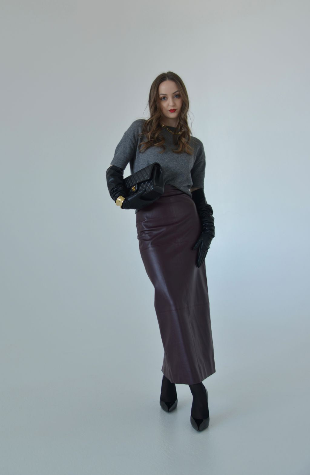 PENCIL PANELLED SKIRT - BURGUNDY FAUX LEATHER