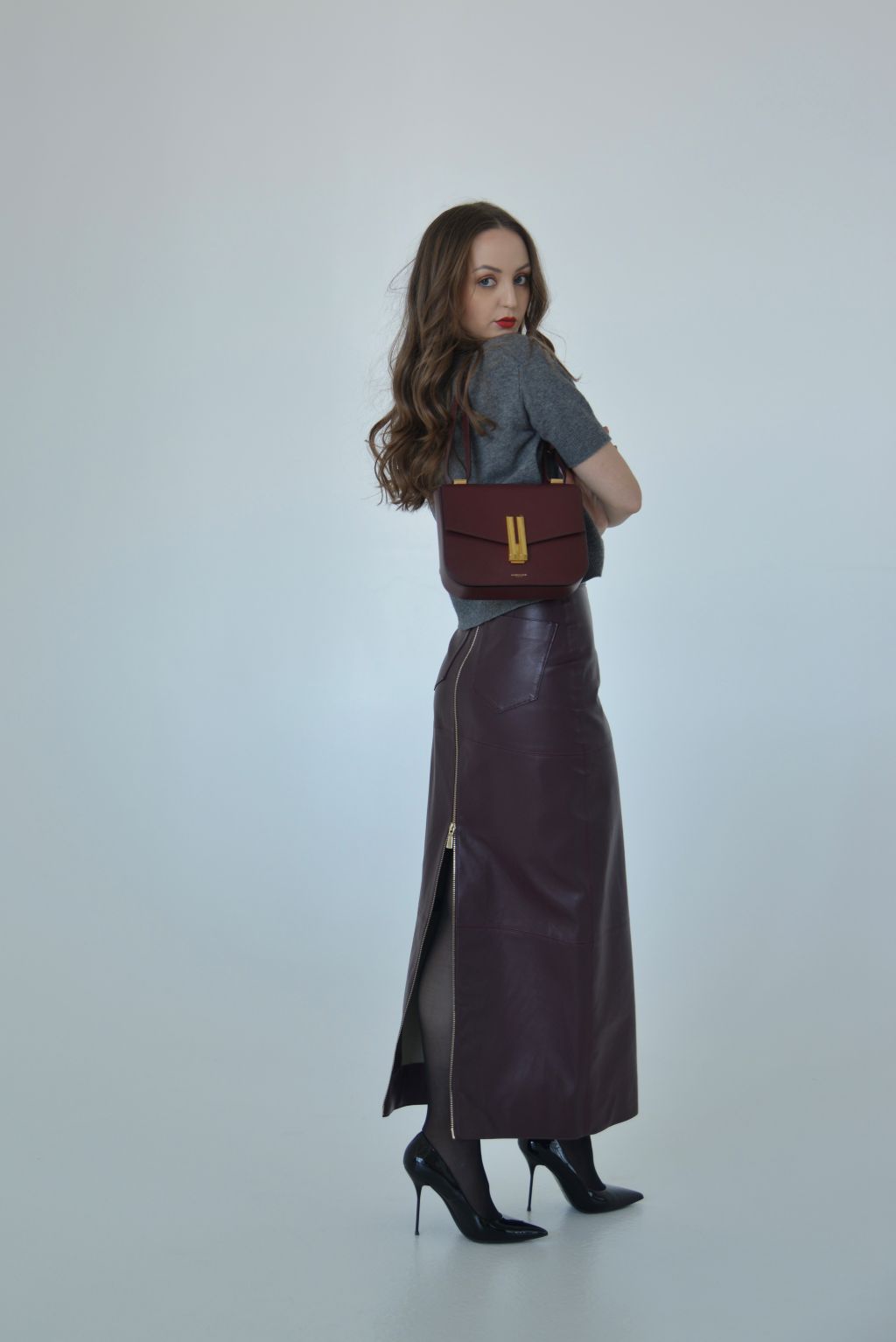 PENCIL PANELLED SKIRT - BURGUNDY FAUX LEATHER