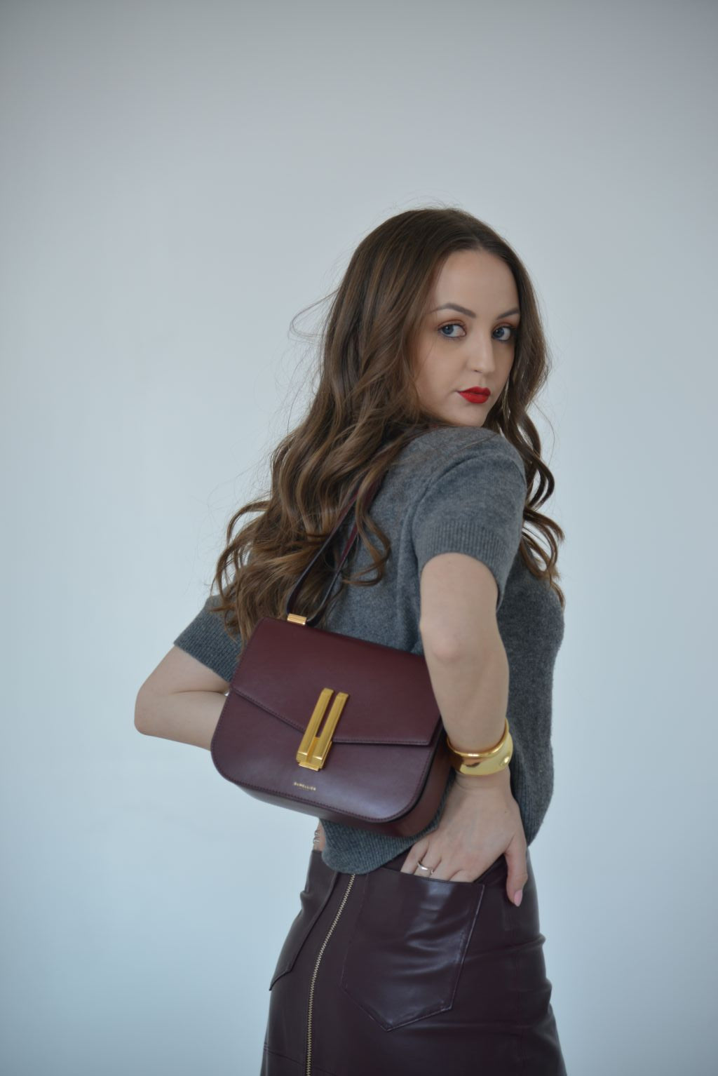 PENCIL PANELLED SKIRT - BURGUNDY FAUX LEATHER