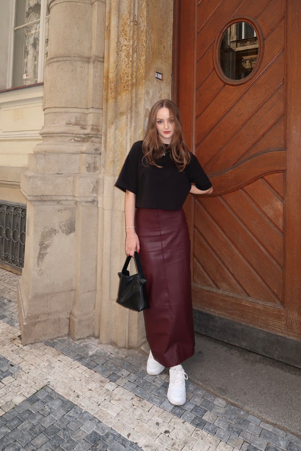 PENCIL PANELLED SKIRT - BURGUNDY FAUX LEATHER